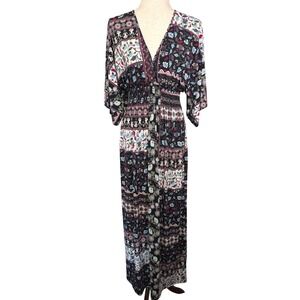 Altar'd State Boho Patchwork Floral Print Maxi Dress Smocked Sz M Kimono Sleeves